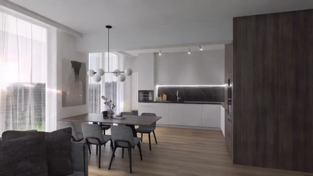 Nowoczesna kuchnia z jadalnią w jasnych kolorach, z drewnianym stołem i krzesłami, białymi szafkami kuchennymi i dużym oknem