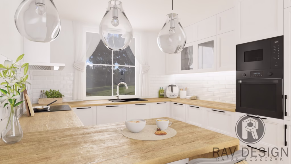 Jasna kuchnia w stylu skandynawskim z drewnianym blatem i hokerami, wizualizacja 3D projektu Rav Design.