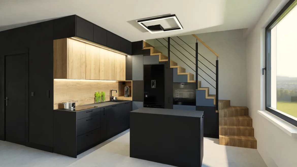 Nowoczesna kuchnia w odcieniach beżu i bieli, z wyspą, złotymi akcentami i zintegrowanym sprzętem AGD. Wizualizacja RavDesign.